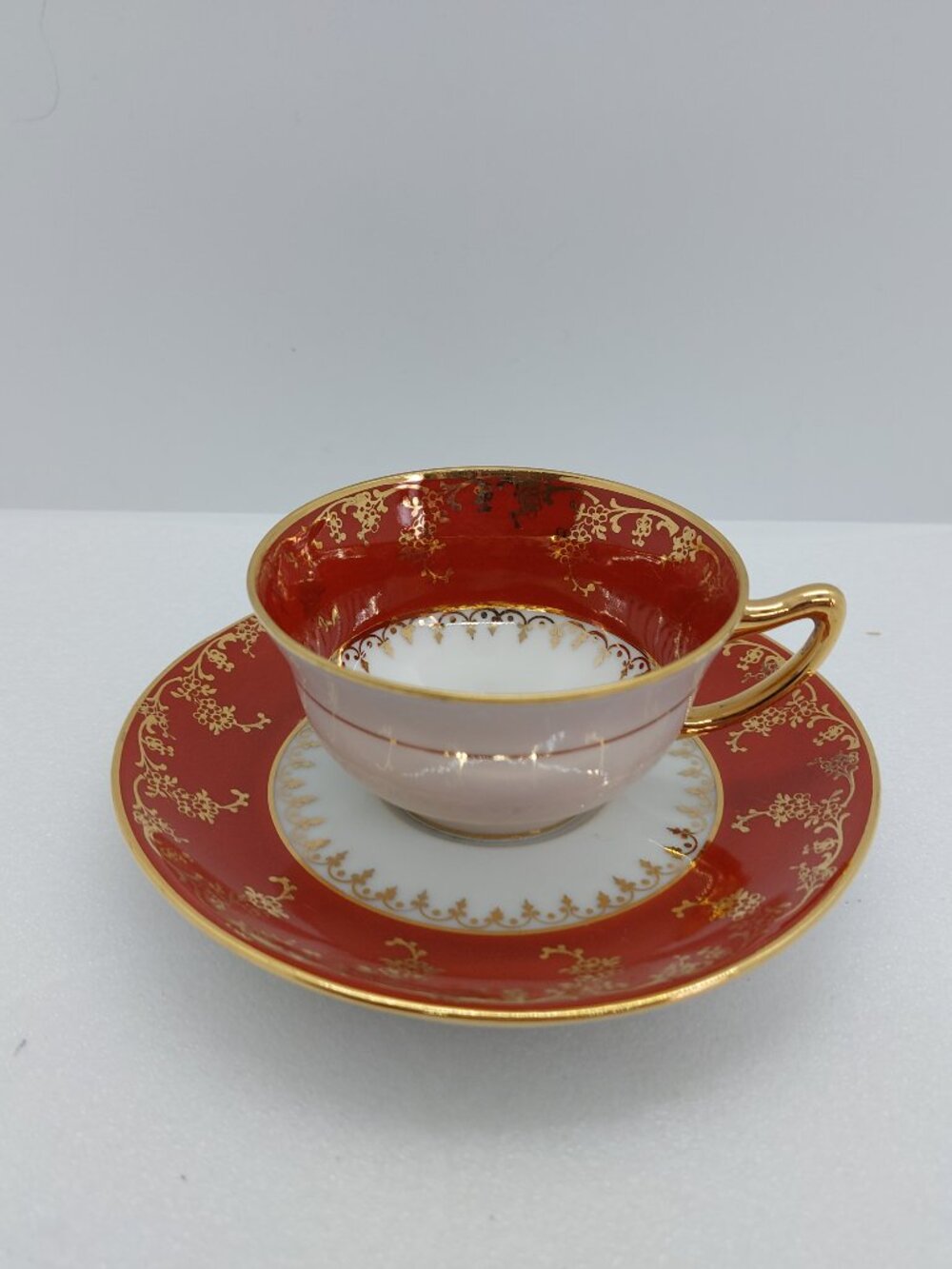 Vintage Small Tea Cup And Saucer Porcelain Limoges France Burgundy Gold Trim